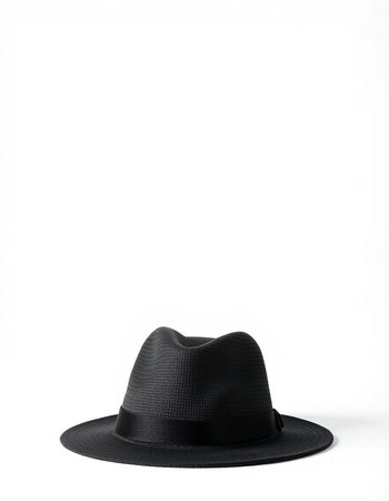 Black hat on a white background. Fashionable black hat on a white background.の写真素材