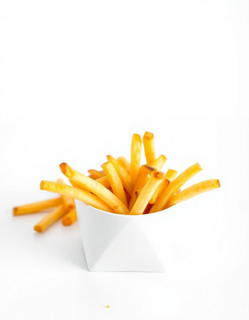 Golden French fries in a white box on a white background, isolated