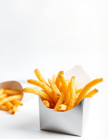 French fries in paper box on white background. Selective focus.