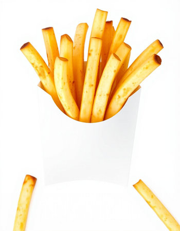 French fries in paper box isolated on white background, top view.