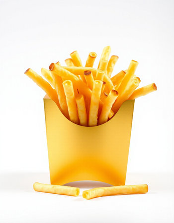Golden French fries in a paper box isolated on a white background.