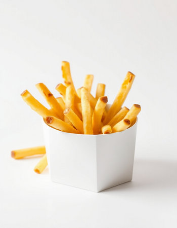 French fries in a white box on a white background, close-upの写真素材
