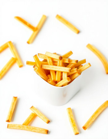 French fries in a bowl on a white background. Selective focus.の写真素材
