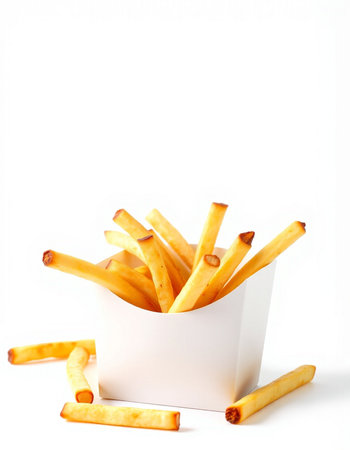French fries in white box isolated on white background. Selective focus.