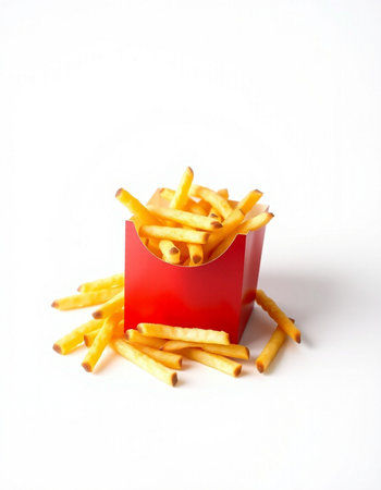 French fries in a red box on a white background, fast foodの写真素材