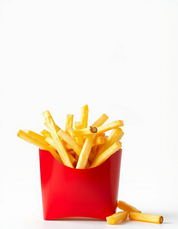French fries in a red box on a white background. Isolated