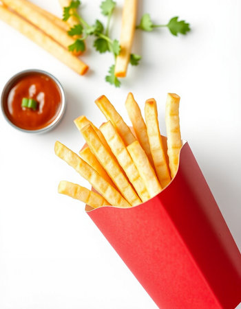 French fries in a red box with tomato sauce and parsley on a white background