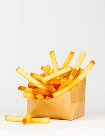 French fries in a paper box on a white background. Fast food.