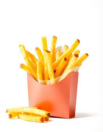 French fries in a red box on a white background. Isolated