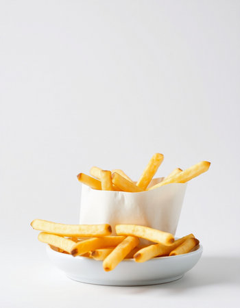 French fries in a white bowl on a white background. Selective focus.の写真素材