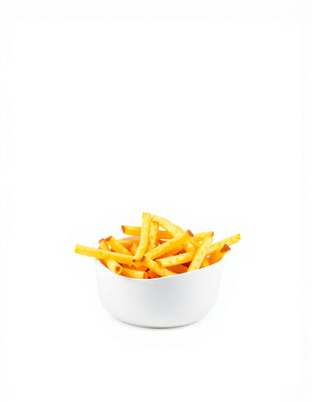 Golden French fries in a white bowl isolated on a white background.の写真素材