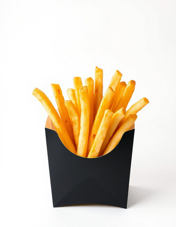 French fries in black paper box isolated on white background, clipping pathの写真素材