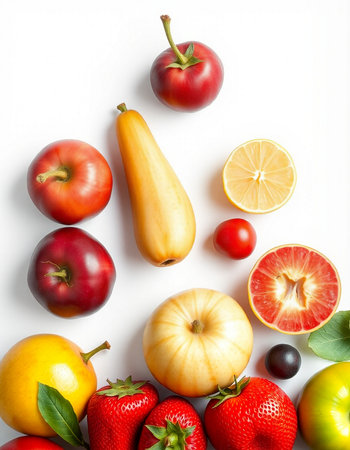 Fruits and vegetables on white background. Flat lay, top viewの写真素材