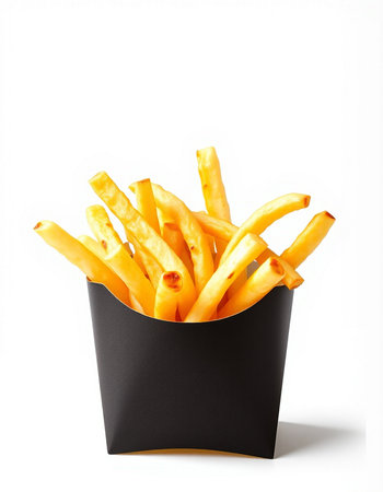 French fries in a black paper box isolated on a white background.の写真素材