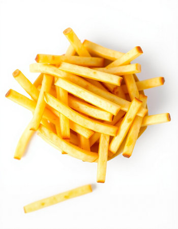 Golden French fries potatoes on a white background. Selective focus.の写真素材