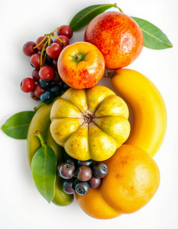 Fruits arranged in a pyramid on a white background.の写真素材