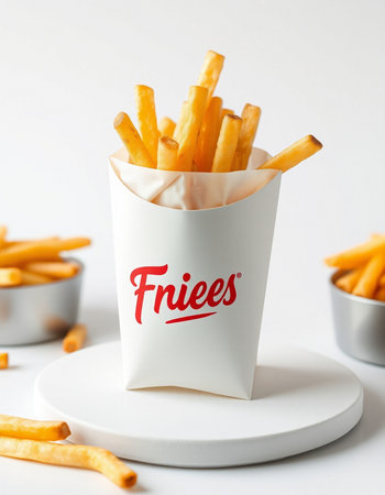 French fries in paper bag on white background. Fast food concept.の写真素材