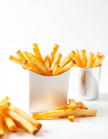 French fries in a paper cup on a white background. Shallow dof.