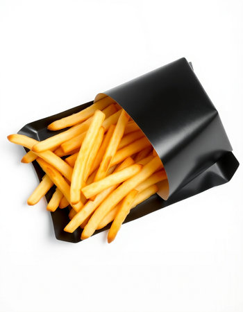 French fries in a black box on a white background. Isolated