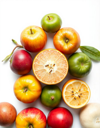 Fresh fruits on white background, top view. Healthy food concept.の写真素材