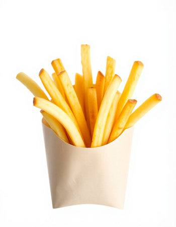 French fries in paper box isolated on white background. Close up.