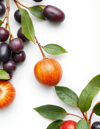 Fruit composition. Fruits and leaves on a white background.の写真素材