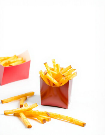 French fries in a red box on a white background. Selective focus.