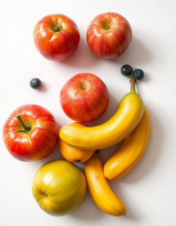 Fruits and vegetables in a face shape on a white background.の写真素材