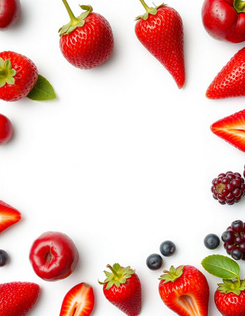 Frame made of fresh strawberries and berries on white background, top view