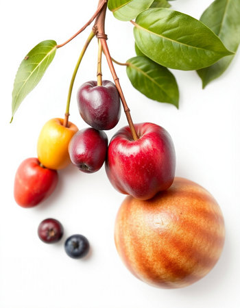 Fresh fruits on a white background, close-up, top view