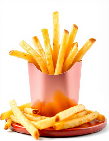 French fries in a pink cup on a white background. Isolated