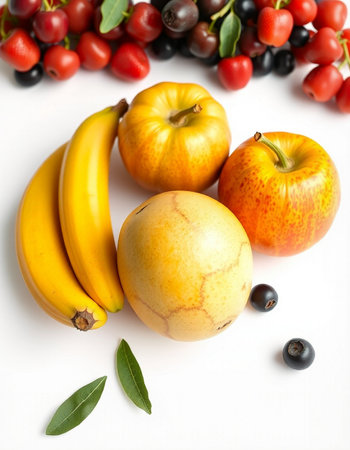 Fruits on a white background, close-up, selective focusの写真素材