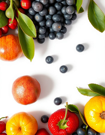 Fresh fruits and berries isolated on white background. Top view. Flat layの写真素材