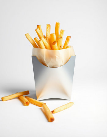 French fries in paper bag on white background. Fast food concept.