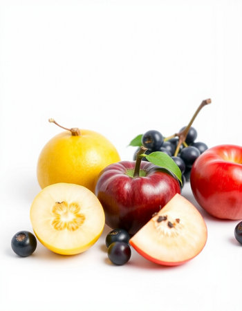 Fruits on a white background, close-up, selective focusの写真素材