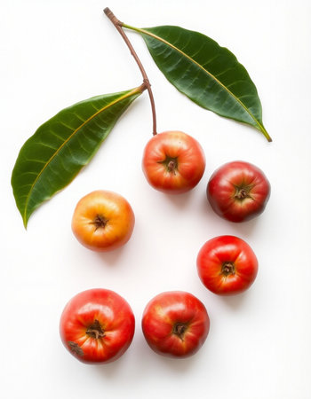 Cherry tomatoes on white background. Top view. Flat lay.の写真素材