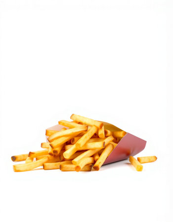 French fries in a paper box on a white background. Isolated