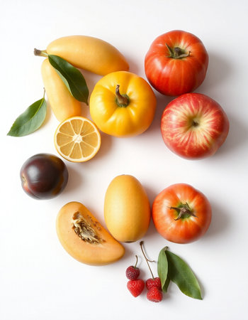 Fresh fruits and vegetables on white background. Healthy food concept. Top view.の写真素材