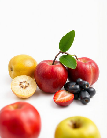 Fruits isolated on a white background. Apples, kiwis, grapes and strawberries.の写真素材