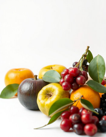 Variety of fresh fruits on a white background. Healthy food.の写真素材