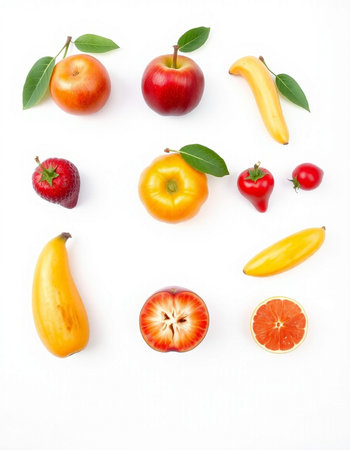 Fruits and vegetables on white background. Flat lay, top view