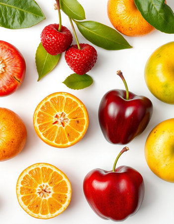 Fresh fruits on white background, top view. Healthy food concept.の写真素材