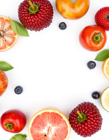 fruits and berries isolated on white background with copy space for your text. Top view. Flat lay patternの写真素材