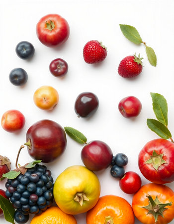 Fruits and vegetables on a white background. Flat lay, top viewの写真素材