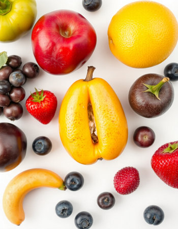 Fruits and vegetables on a white background. Flat lay, top viewの写真素材