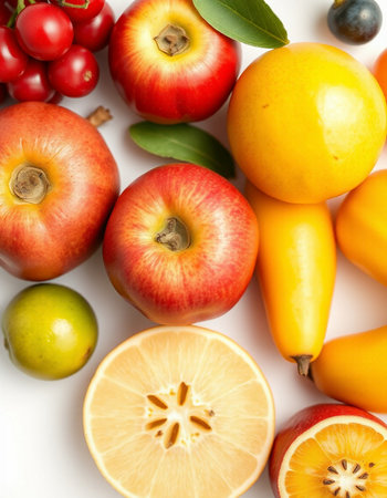 Fruits and vegetables isolated on white background. Flat lay, top viewの写真素材