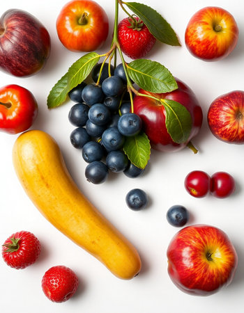Fruits and berries on a white background. View from above.の写真素材