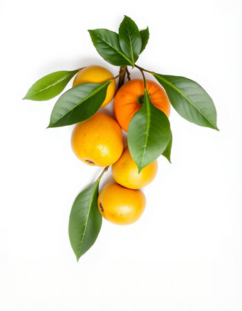 Oranges with green leaves isolated on white background, top view.の写真素材