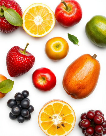 Fruits isolated on white background. Healthy food concept. Top view.