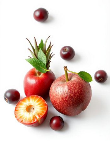 Red apple, cranberries and apples with leaves on a white backgroundの写真素材